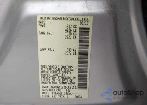 2016 Nissan Altima 2.5/2.5 S/2.5 Sl/2.5 Sr/2.5 Sv z USA, uszkodzony, nr VIN 1N4AL3AP0GC200321